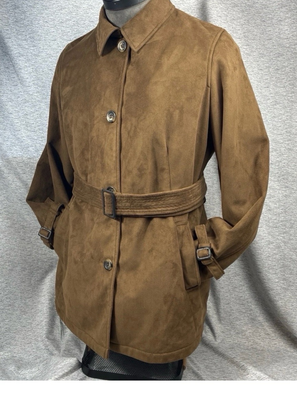 Jones NY Brown Trench Women XL Rich Earthy Brown Vegan Faux Suede Strong Femme - Picture 4 of 15